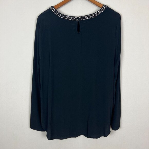 Gap Blouse Top Womens Large Black Embellished Neck Long Sleeve Rhinestones L‎ - Picture 6 of 9